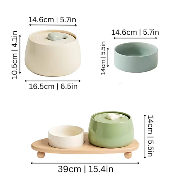 Pet feeding station in a modern kitchen setting, showing elegant ceramic bowls & wooden stand.