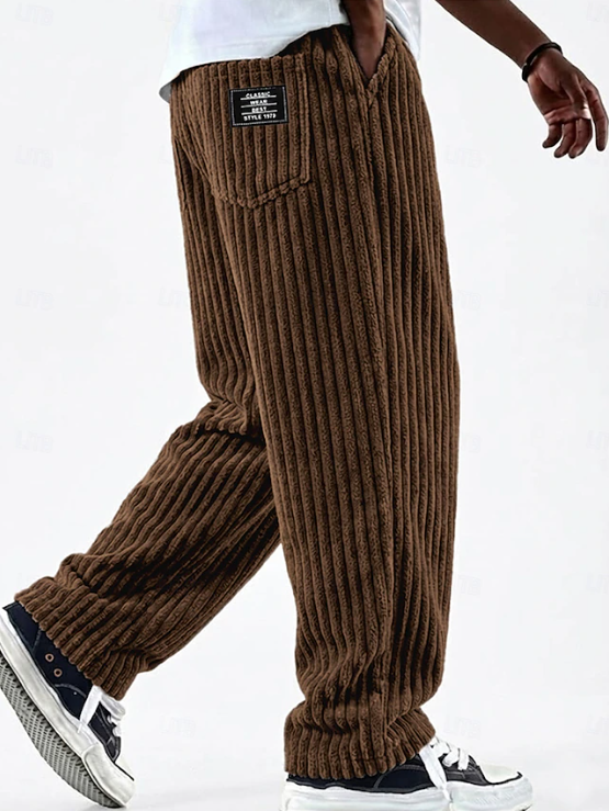 Fashionable men's relaxed fit corduroy trousers, perfect for stylish everyday wear.