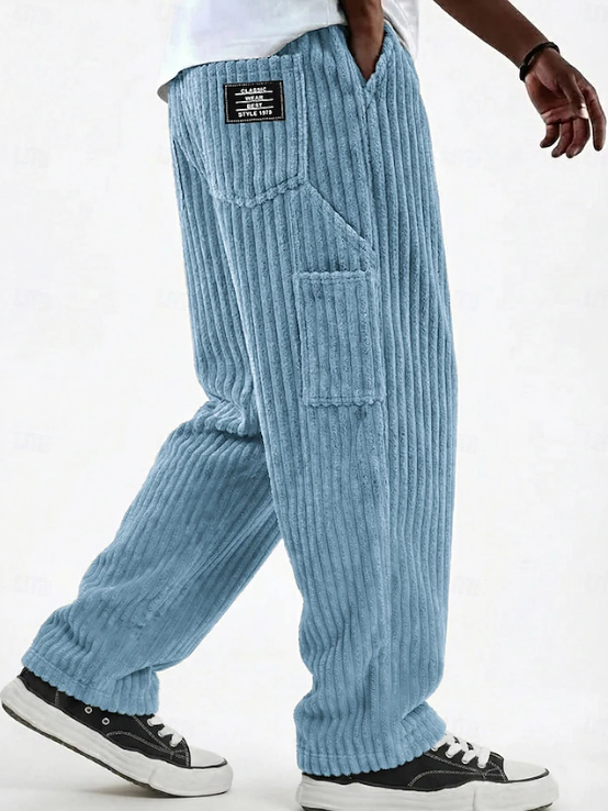 Vintage-inspired men's corduroy pants, comfortable relaxed fit for everyday casual style.