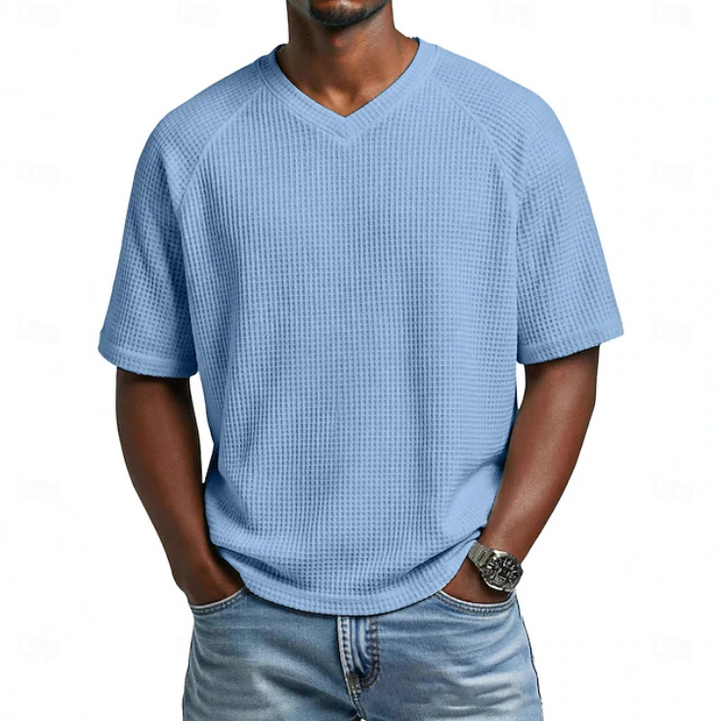 Men's textured V-neck short sleeve shirt, perfect for casual summer everyday wear. Comfortable & breathable.