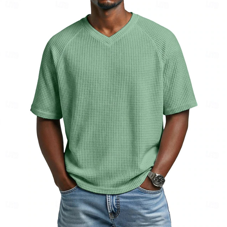Men's V-neck short sleeve shirt with a contemporary textured finish. Casual and comfortable.