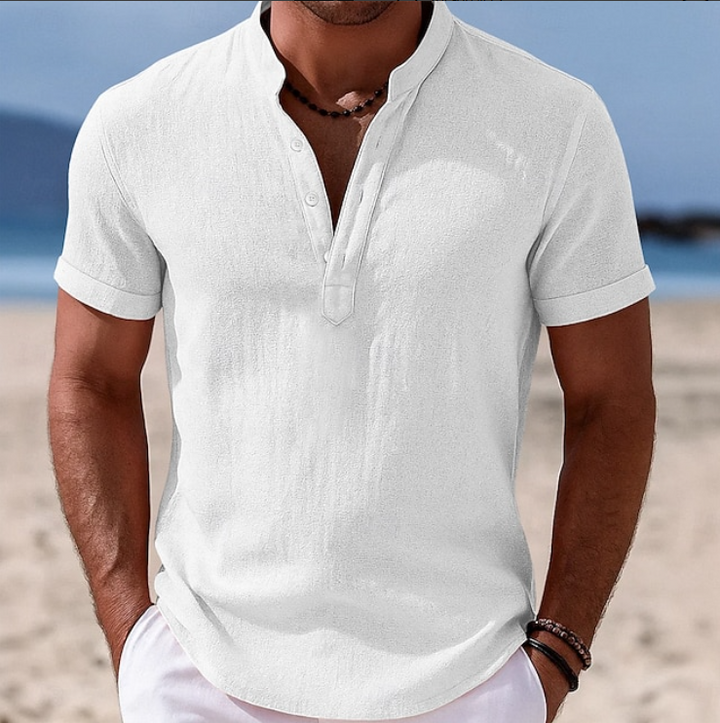 Men's Lachlan short sleeve button-up summer shirt. Lightweight, casual, ideal for warm-weather resort wear.