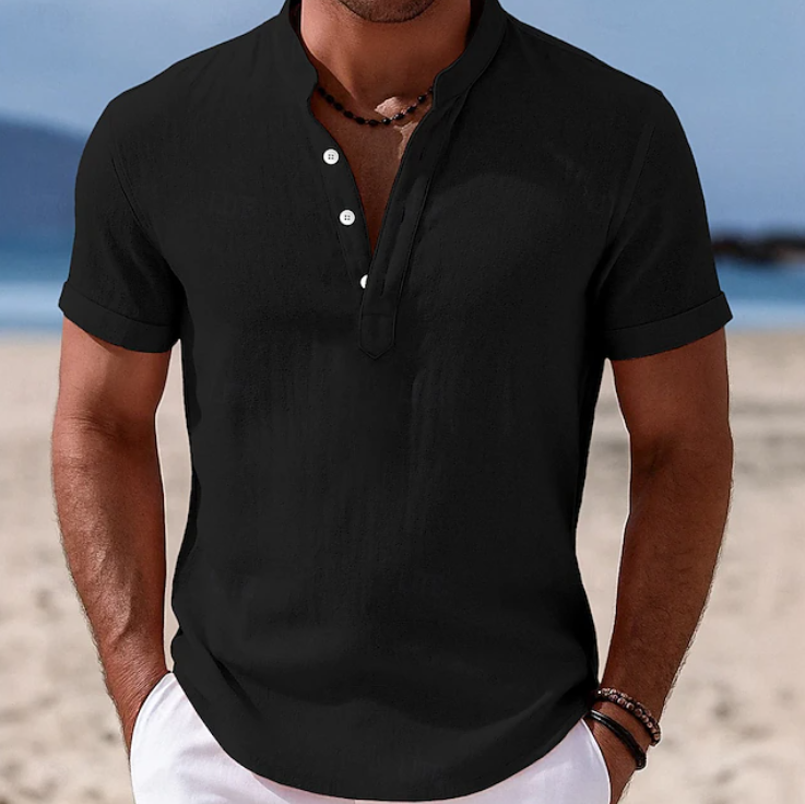 Men's Lachlan summer button-up short sleeve shirt. Perfect for casual warm-weather fashion & resort wear.