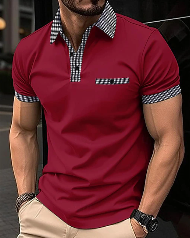 Men's classic short sleeve polo shirt with a stylish checkered collar, ideal for smart casual wear.