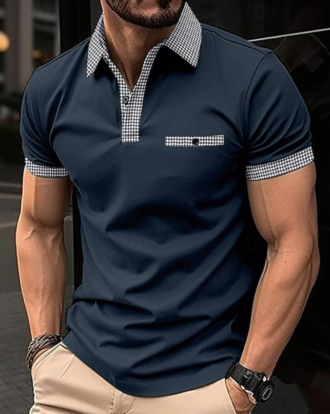 Comfortable men's casual polo shirt, distinctive checkered collar & short sleeves, perfect for summer fashion.