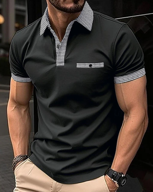 Classic men's polo shirt, perfect for smart casual outfits. Features a unique checkered collar and short sleeves.