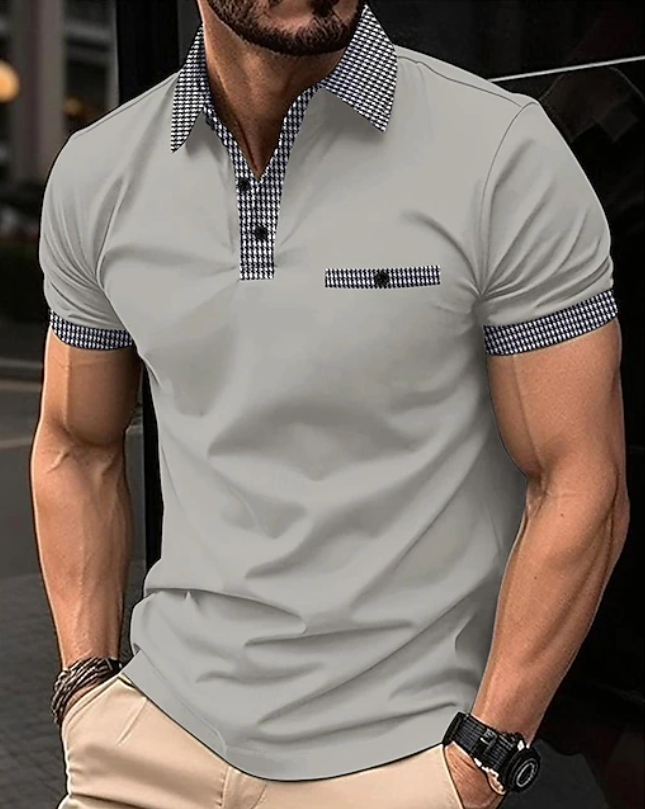 Versatile men's collared polo shirt, classic short sleeve design with a stylish checkered collar for daily wear.
