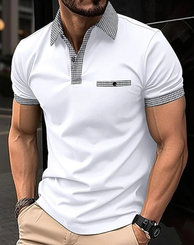 Stylish men's classic polo shirt featuring a unique checkered collar. Perfect short sleeve top for casual & smart looks.