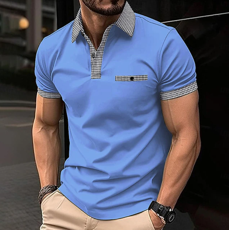 Close-up of the checkered collar on a men's classic short sleeve polo shirt, highlighting the unique pattern.