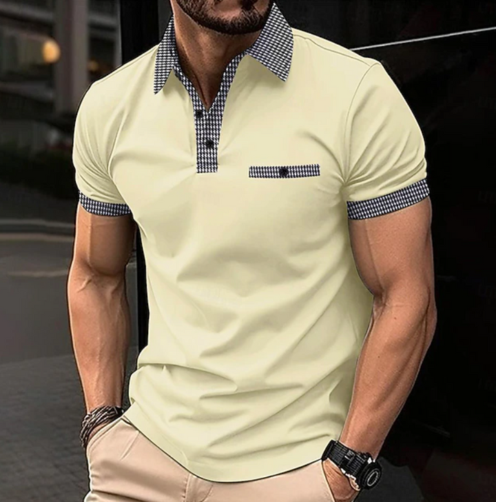 Men's classic short sleeve polo shirt. Smart checkered collar adds style to this versatile summer casual top.