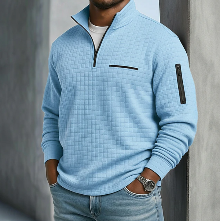 Relaxed fit men's waffle knit long sleeve sweater, perfect for casual layering & everyday comfort.