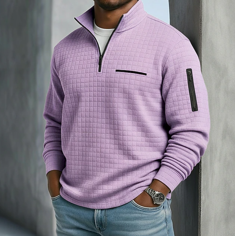 Cozy men's waffle knit long sleeve sweater, ideal for casual wear, offering warmth & style.