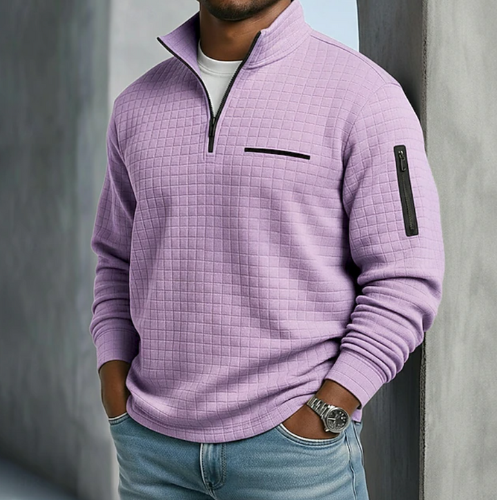 Cozy men's waffle knit long sleeve sweater, ideal for casual wear, offering warmth & style.