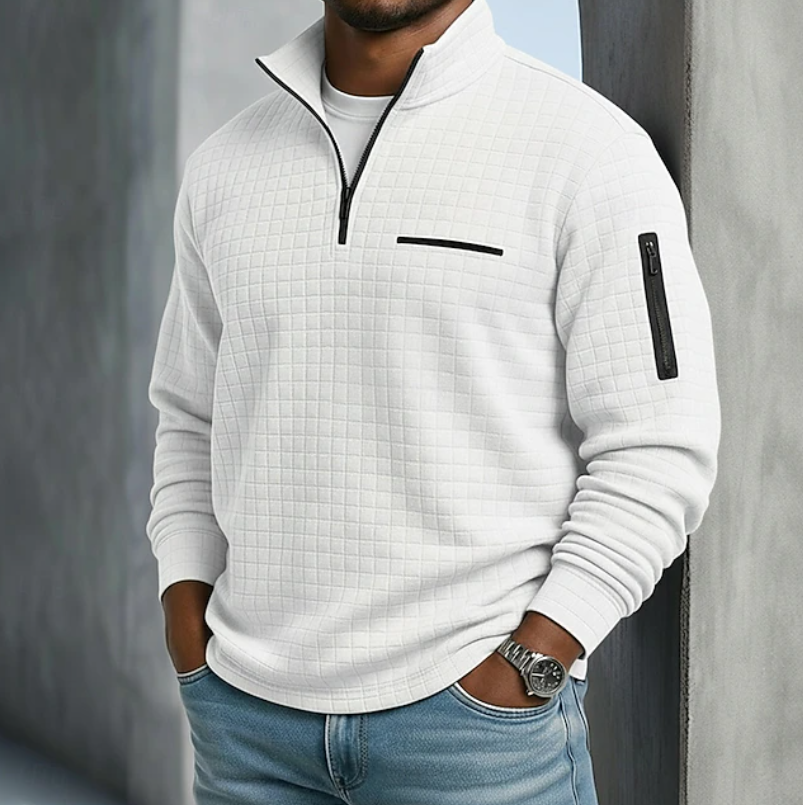 Versatile men's relaxed waffle knit long sleeve sweater, great for layering & everyday casual outfits.