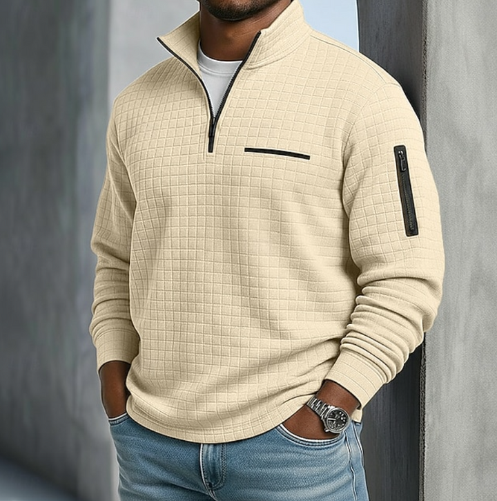 Comfortable men's relaxed fit waffle knit long sleeve sweater, perfect for cozy everyday wear.