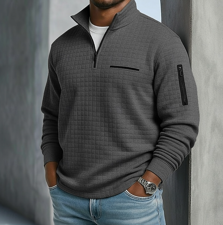 Men's cozy relaxed waffle knit long sleeve sweater for casual, versatile layering & everyday comfort.