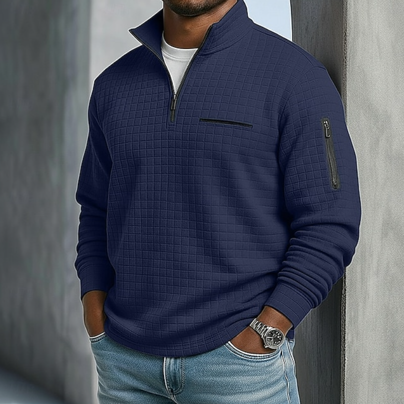 Stylish men's relaxed fit waffle knit long sleeve sweater, ideal for casual & versatile everyday wear.