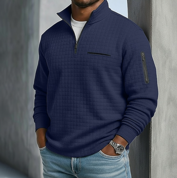 Stylish men's relaxed fit waffle knit long sleeve sweater, ideal for casual & versatile everyday wear.