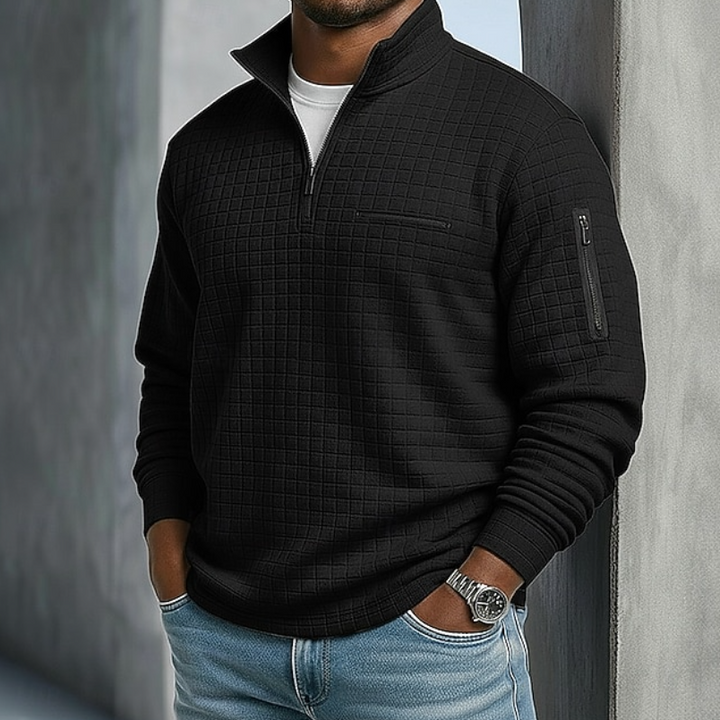 Men's knitwear: relaxed waffle knit long sleeve sweater, a cozy, versatile piece for casual layering.