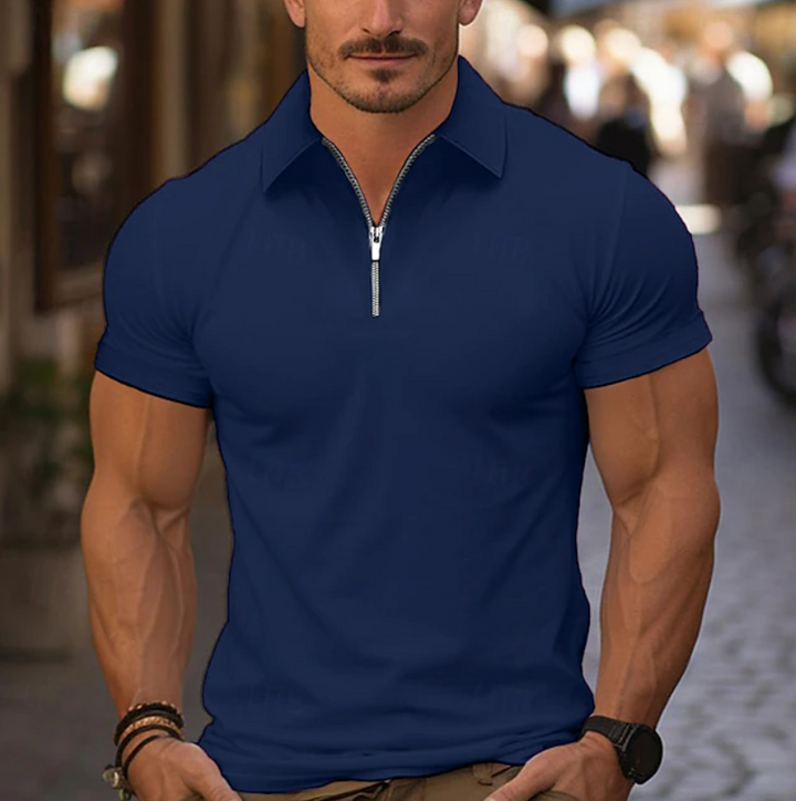 Classic men's quarter zip collared shirt, blending timeless design with modern comfort. Long sleeve.