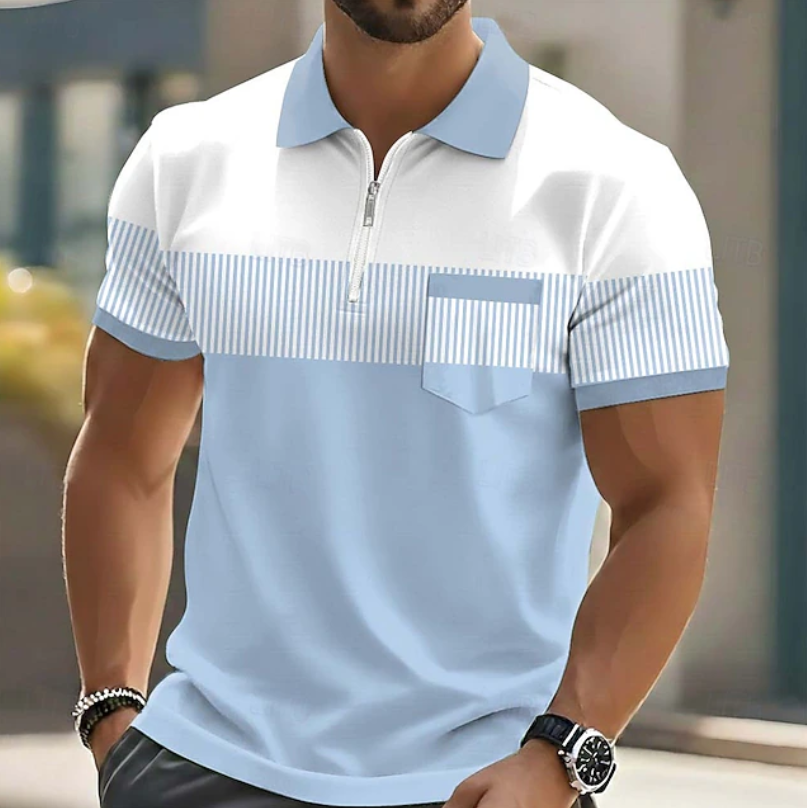 Versatile men's summer casual polo shirt, striped with a practical zipper for easy everyday style.