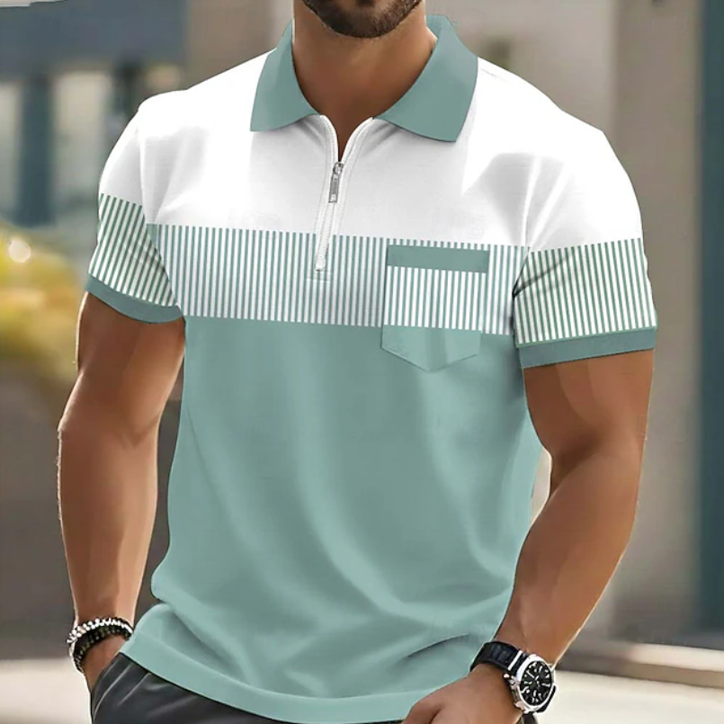 Stylish men's casual short-sleeve polo shirt featuring a modern zipper and classic stripes.
