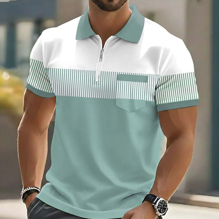 Stylish men's casual short-sleeve polo shirt featuring a modern zipper and classic stripes.