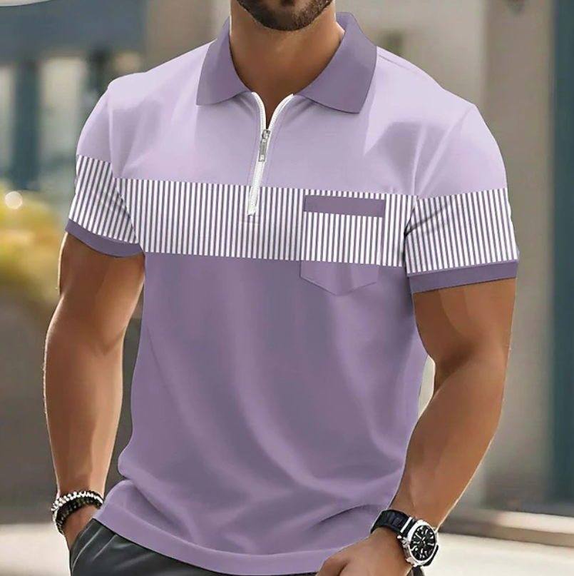Comfortable men's short-sleeve striped zipper polo, ideal for versatile casual everyday style.