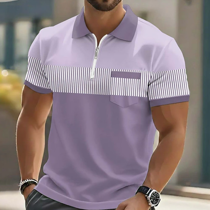 Comfortable men's short-sleeve striped zipper polo, ideal for versatile casual everyday style.