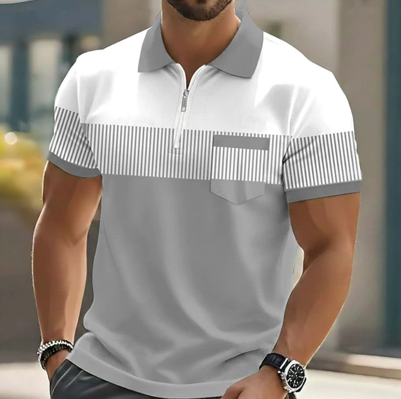 Men's casual striped polo shirt with a stylish zipper detail, perfect for everyday summer wear.