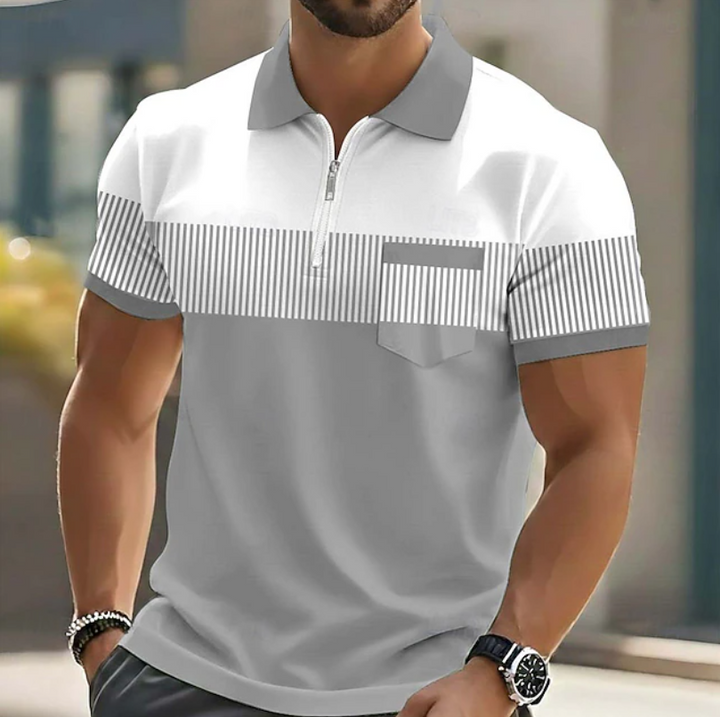 Men's casual striped polo shirt with a stylish zipper detail, perfect for everyday summer wear.