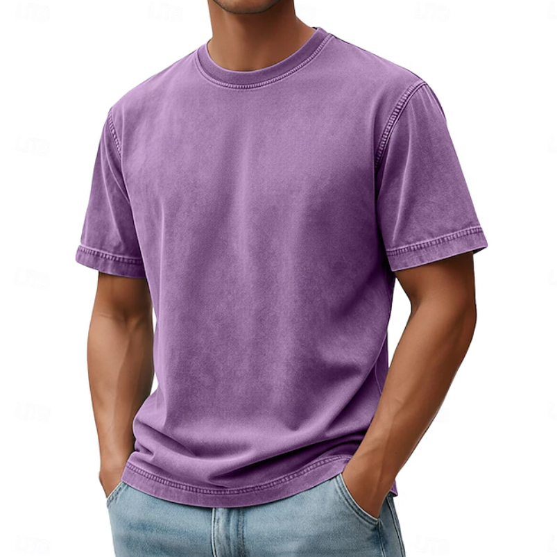 Relaxed fit men's round neck summer shirt, comfortable and breathable short sleeve for casual daily wear.
