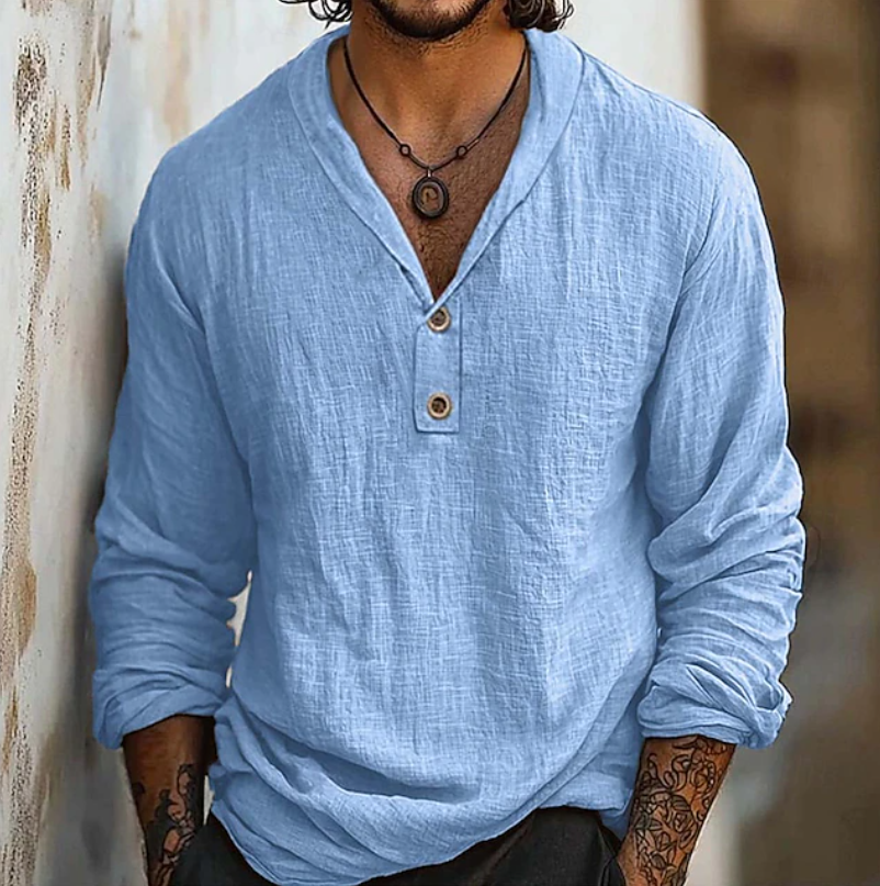 Vintage-inspired men's long-sleeve button-up shirt; comfortable classic retro style for everyday or smart casual.