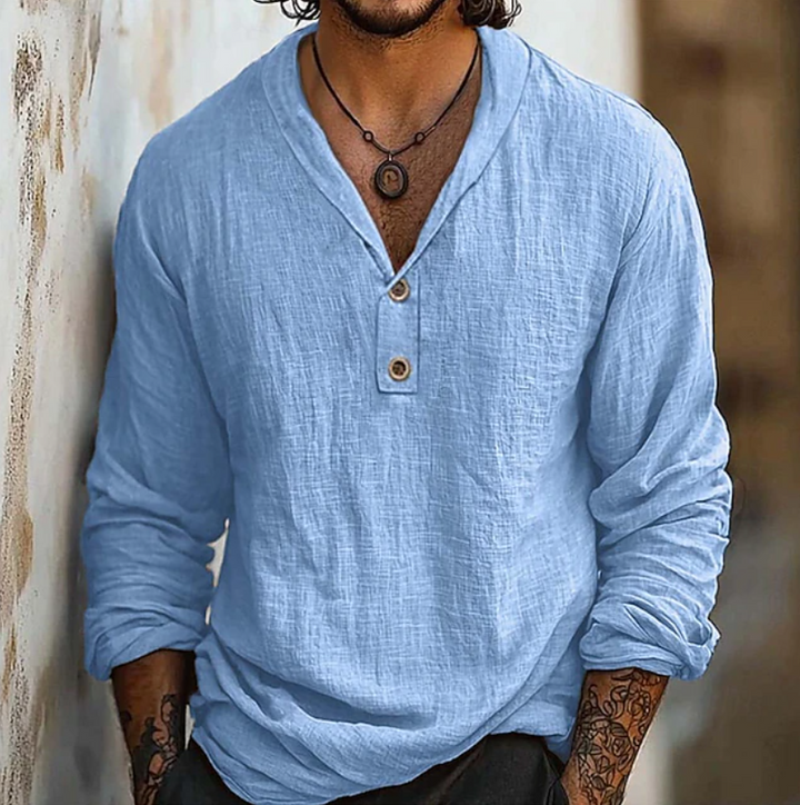 Vintage-inspired men's long-sleeve button-up shirt; comfortable classic retro style for everyday or smart casual.