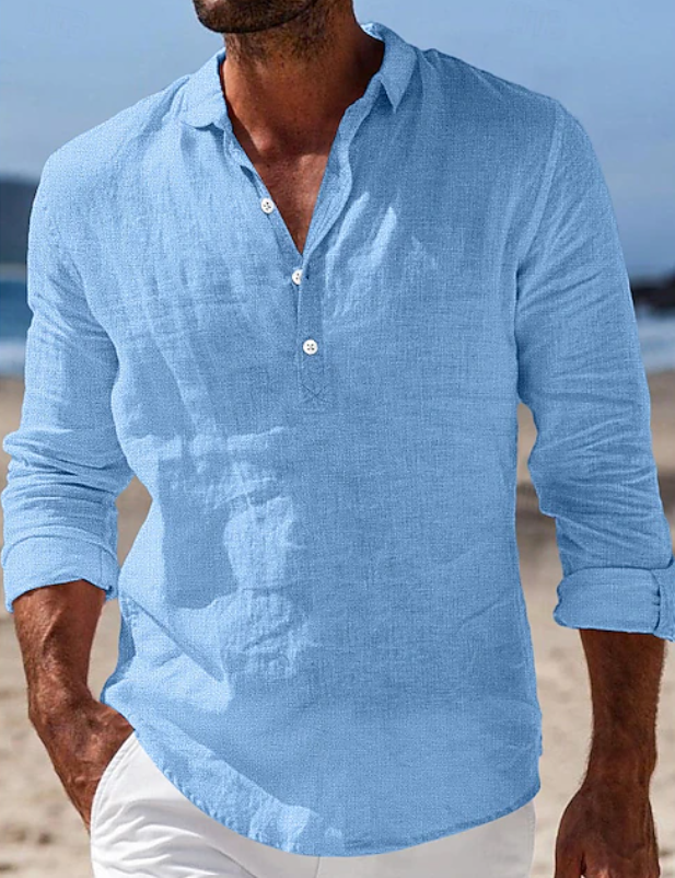 Versatile men's casual long sleeve shirt, perfect for summer travel & relaxed everyday fashion. Effortless style.