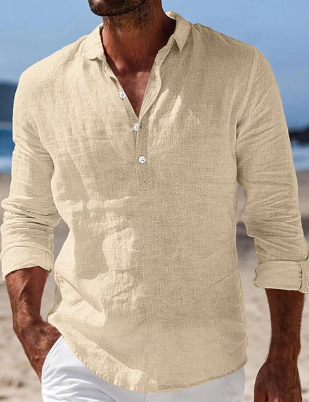 Lightweight men's summer shirt with long sleeves, perfect for casual style & comfortable everyday wear. Solid color.