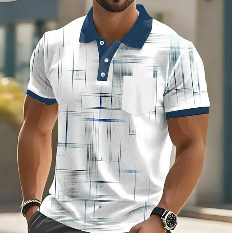 Men's Classic Geometric Button Up Shirt, modern style, comfortable short sleeve for casual wear.