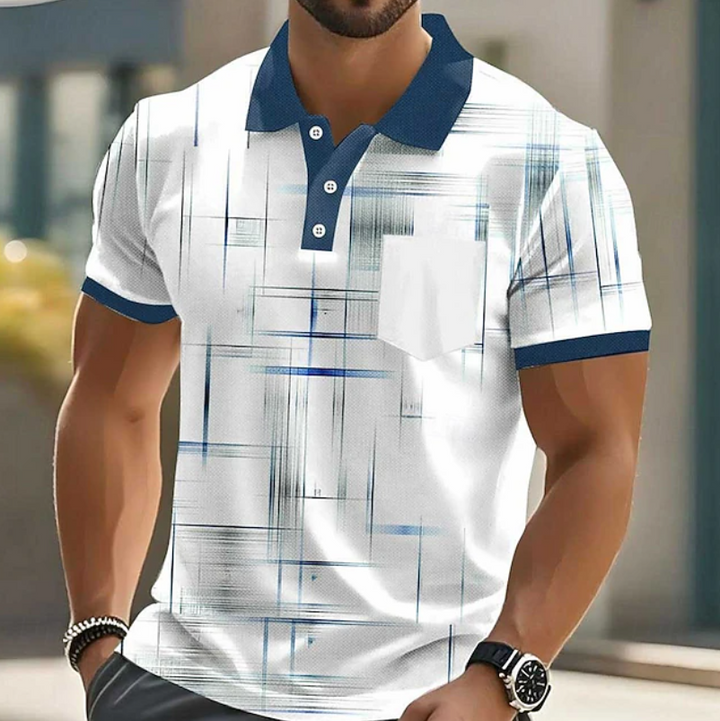 Men's Classic Geometric Button Up Shirt, modern style, comfortable short sleeve for casual wear.