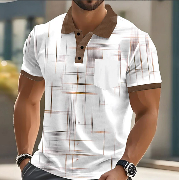 Stylish men's geometric pattern button up shirt, perfect for modern casual fashion.