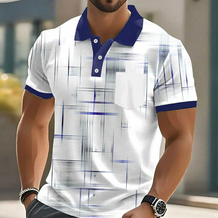 Comfortable men's short sleeve geometric printed shirt, versatile for everyday style.