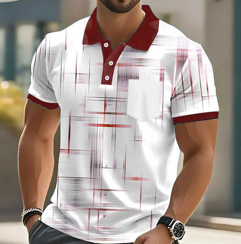 Close-up of men's button up shirt with intricate geometric pattern, modern fashion detail.