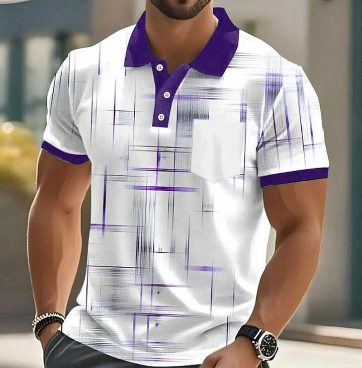 Vibrant men's geometric pattern button up shirt, short sleeve, modern & stylish for daily wear.