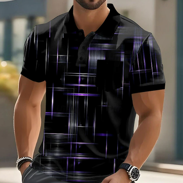 Printed men's geometric short sleeve button up shirt, a stylish modern essential for comfort.