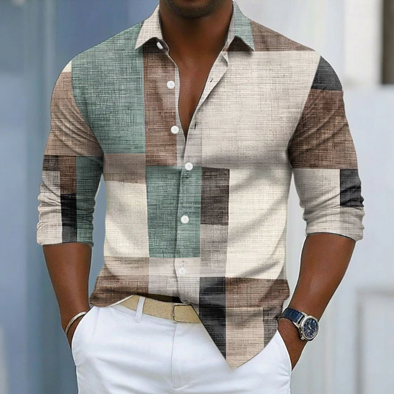 Men's classic color block patchwork shirt, button-up, long sleeve, relaxed fit for stylish everyday wear.