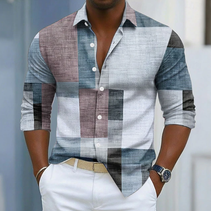 Stylish men's long sleeve color block patchwork shirt with a comfortable relaxed fit, perfect for casual fashion.