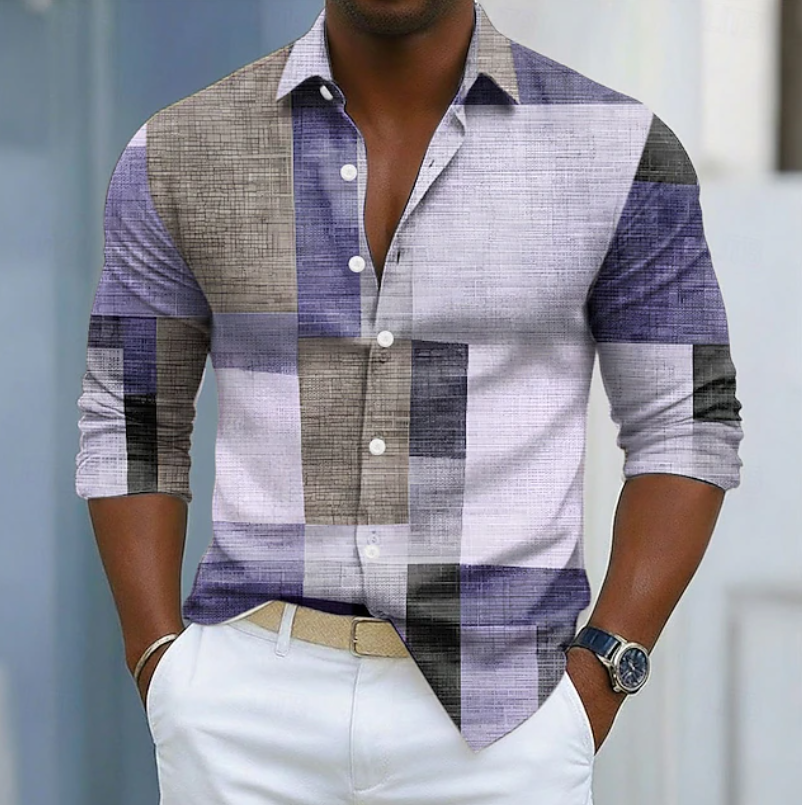 Classic men's color block patchwork shirt. Features long sleeves, button-up design & a relaxed fit, a stylish addition.