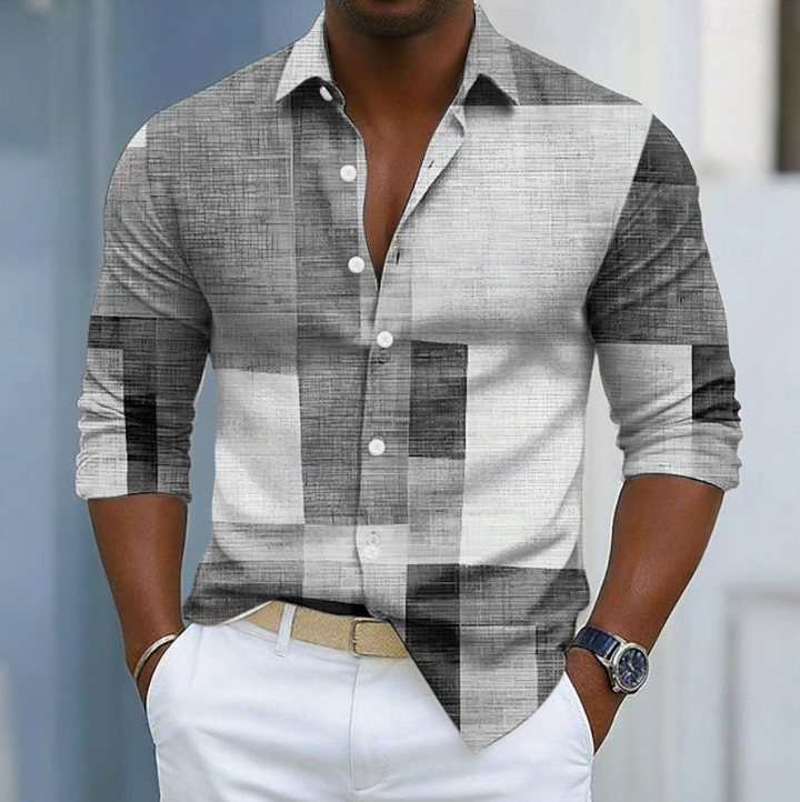 Relaxed fit men's color block patchwork long sleeve shirt. Comfortable button-up style, ideal for casual men's fashion.
