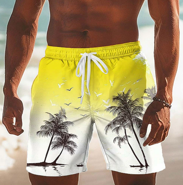 Men's lightweight tropical drawstring shorts, ideal for summer beach days & casual outfits.