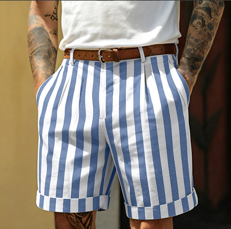 Men's blue coastal stripe shorts for summer. Stylish & comfortable casual wear, perfect for vacation or warm weather.
