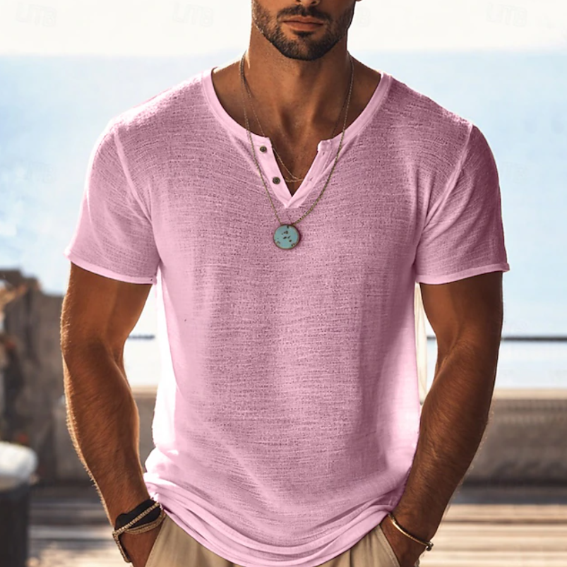 Stylish men's textured Henley V-neck tee. Relaxed fit short sleeve shirt, perfect for warm weather fashion.